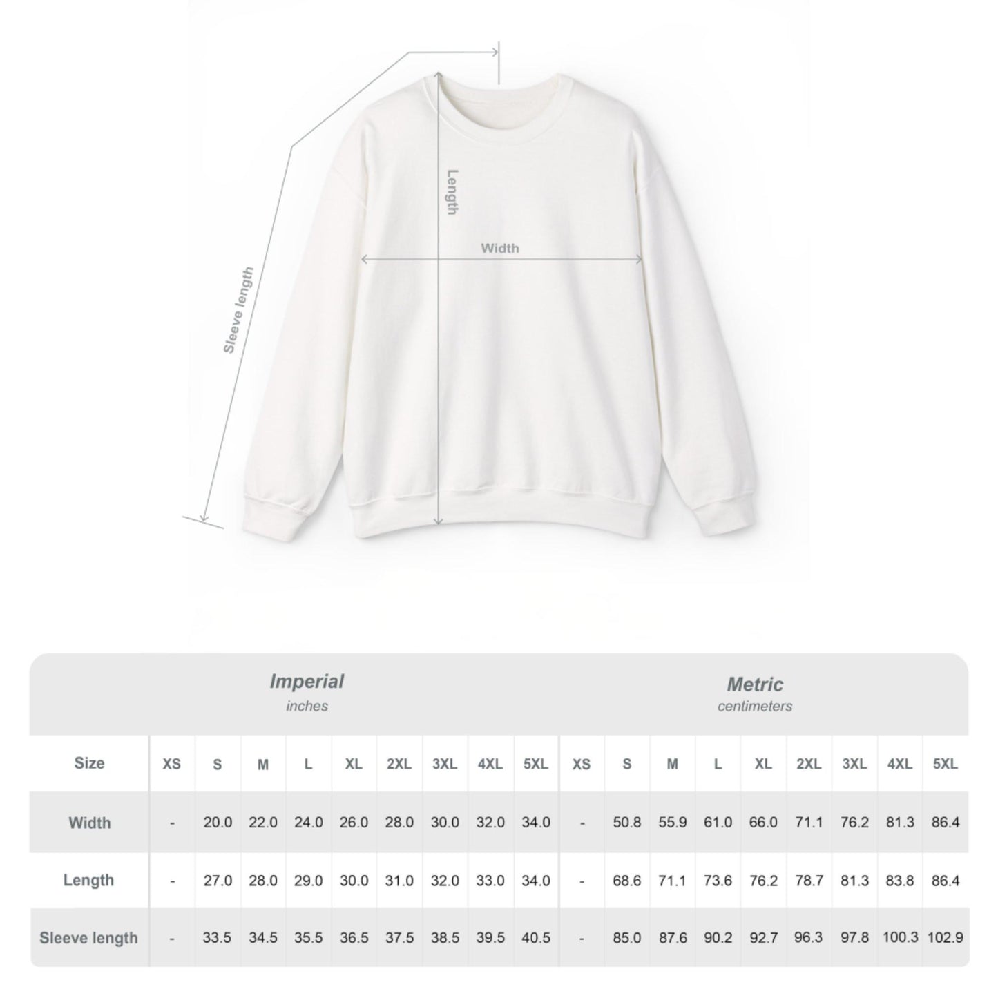 Übersichtliche Größentabelle für das Unisex Sweatshirt mit genauen Zentimeterangaben für verschiedene Konfektionsgrößen.