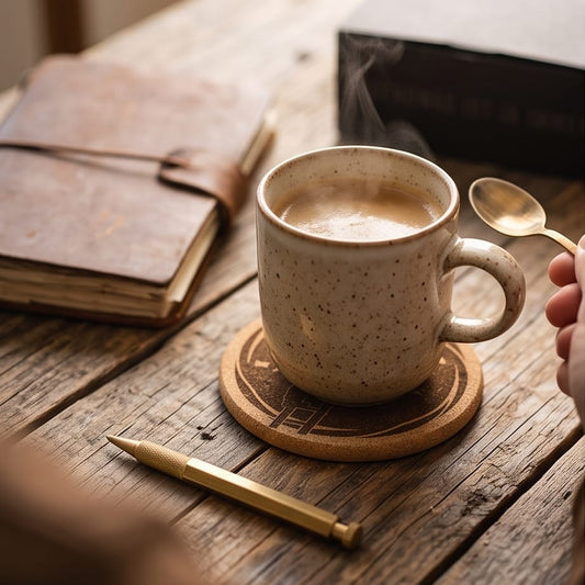 Eine gesprenkelte Keramiktasse mit dampfendem Kaffee steht auf dem gravierten Korkuntersetzer auf einem rustikalen Holztisch. Daneben liegen ein Leder-Notizbuch und ein goldener Stift, während eine Hand einen kleinen goldenen Löffel hält.