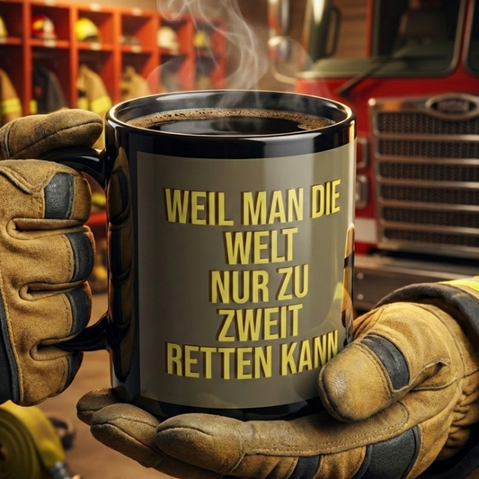 Feuerwehr Tasse Seitenansicht – Spruch Weil man die Welt nur zu zweit retten kann