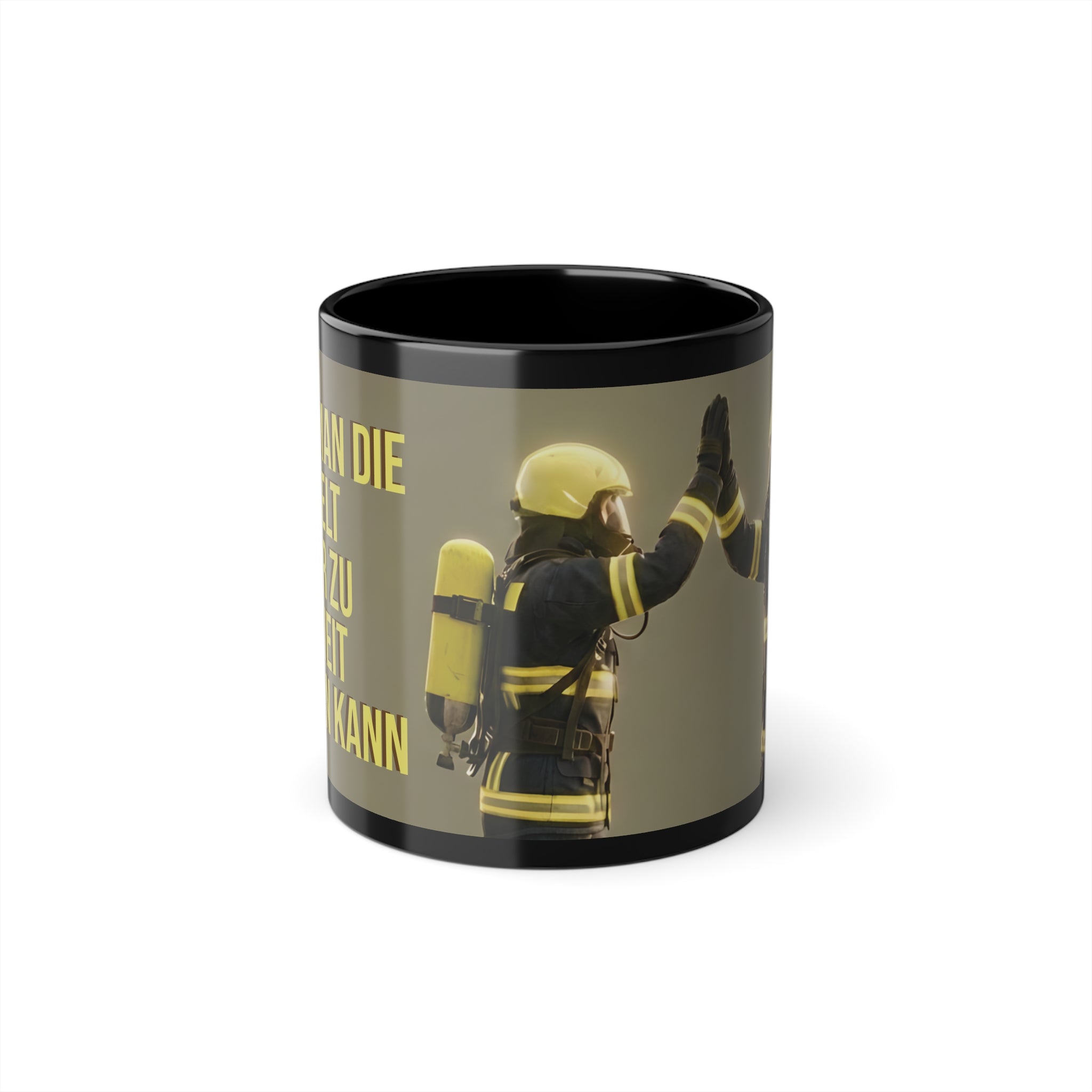 Feuerwehr Tasse schwarz mit Highfive-Aufdruck – Geschenk für Feuerwehrmann und Trupppartner
