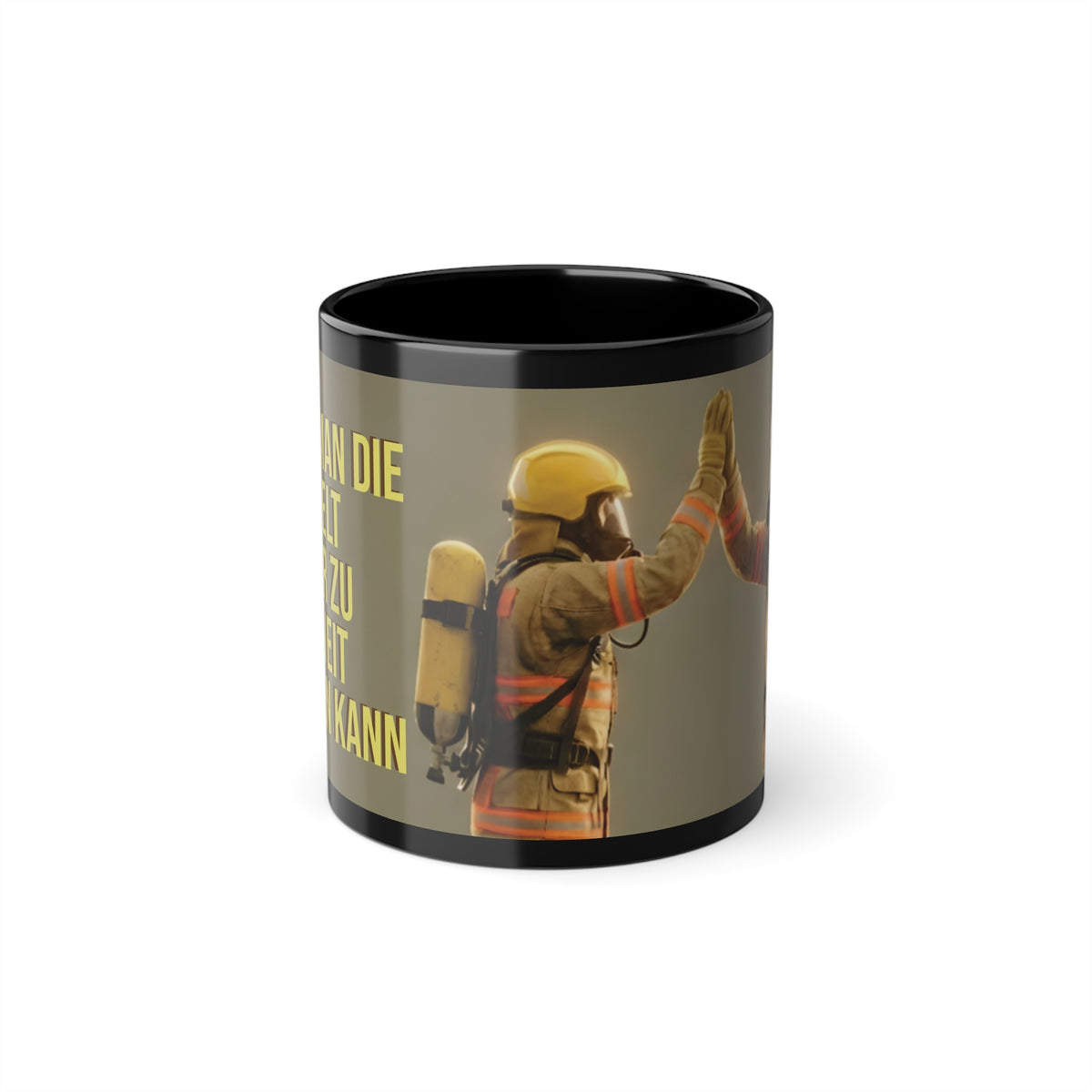Feuerwehr Tasse schwarz mit Highfive-Aufdruck – Geschenk für Feuerwehrmann und Trupppartner
