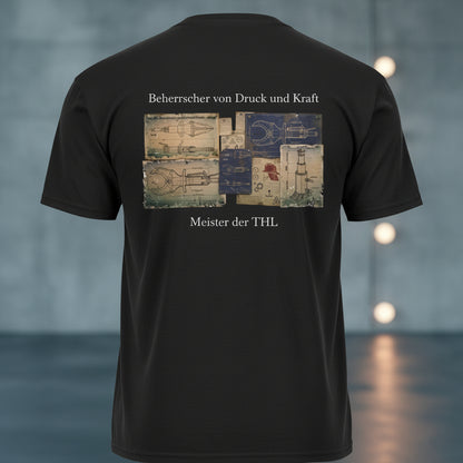 Rückansicht eines schwarzen Feuerwehr-T-Shirts mit der Vintage-Patentzeichnung von hydraulischen Rettungsgeräten auf dem Rücken.