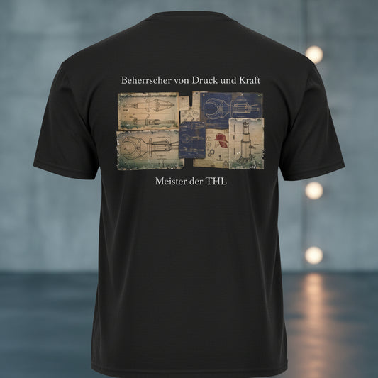 Rückansicht eines schwarzen Feuerwehr-T-Shirts mit der Vintage-Patentzeichnung von hydraulischen Rettungsgeräten auf dem Rücken.