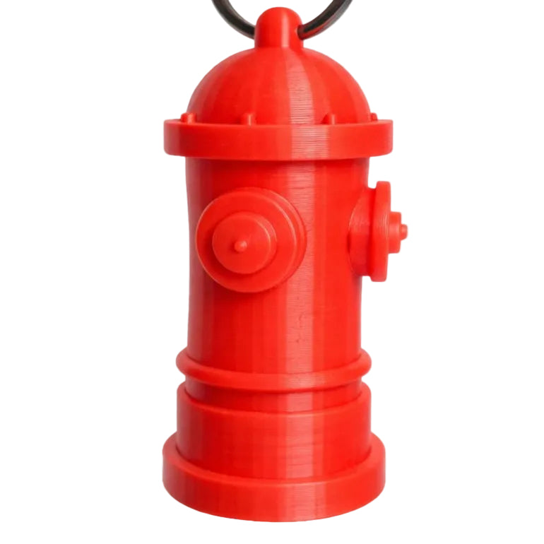 Seitliche Ansicht des kompakten, roten Hunde-Hydranten-Zubehörs mit Fokus auf die detailreichen Konturen.