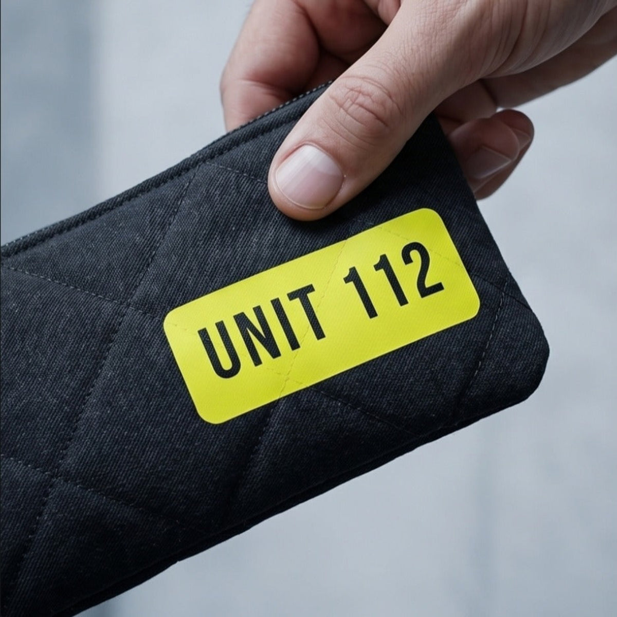 Eine Hand hält das flache, schwarze Mäppchen mit reflektierendem UNIT 112 Patch vor einem hellen Hintergrund