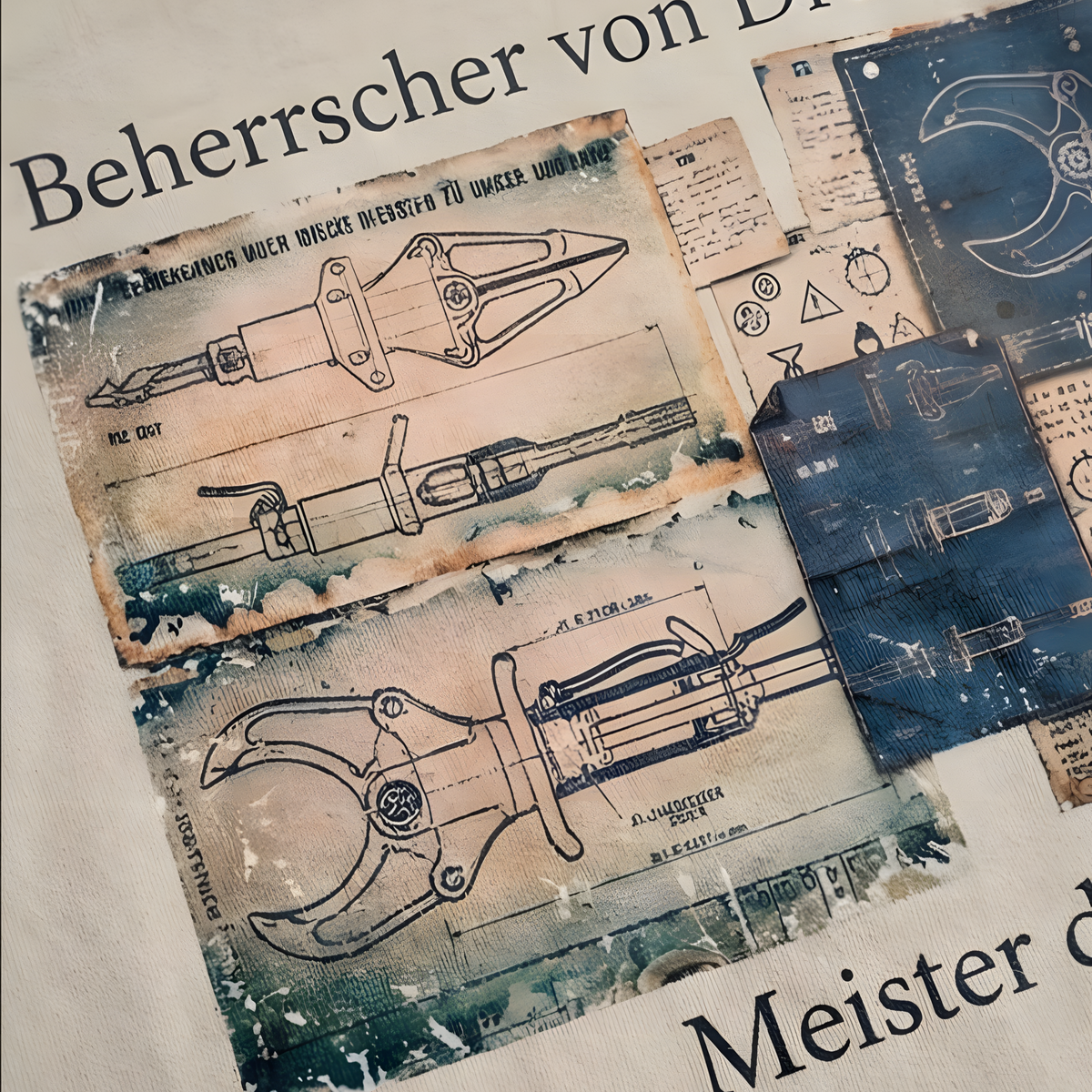 Detailansicht des detailreichen DTF-Rückenprints mit Skizzen von Rettungszylindern und der Aufschrift Beherrscher von Druck und Kraft.
