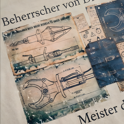 Detailansicht des detailreichen DTF-Rückenprints mit Skizzen von Rettungszylindern und der Aufschrift Beherrscher von Druck und Kraft.
