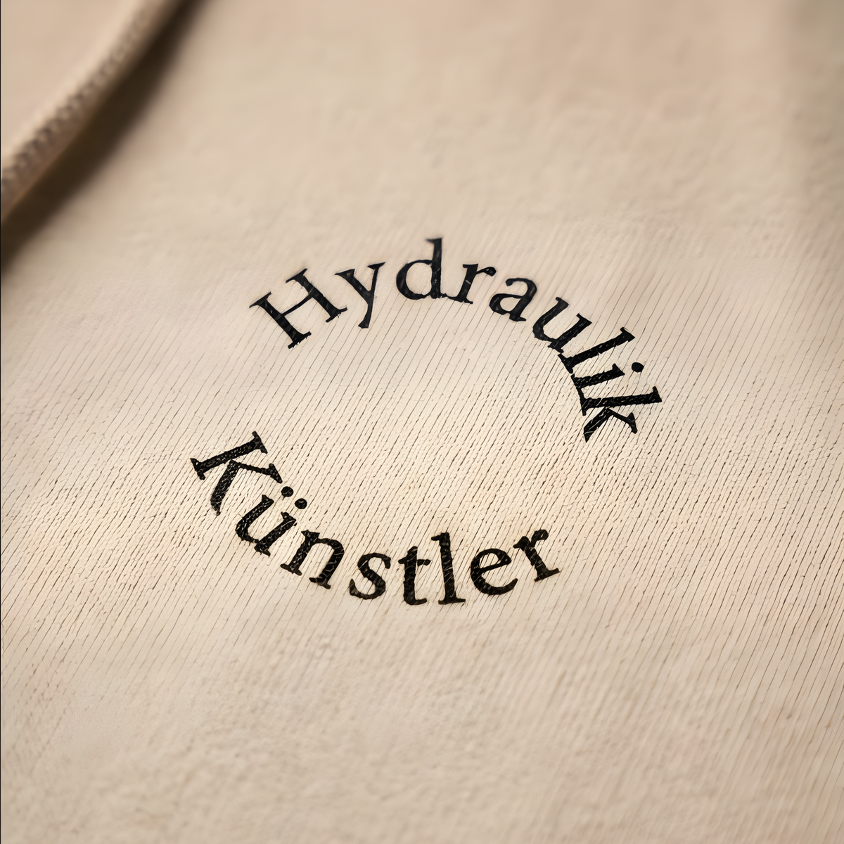 Detailansicht des runden, schwarzen Brust-Aufdrucks Hydraulik Künstler im minimalistischen Bogen-Design auf sandfarbenem Stoff.
