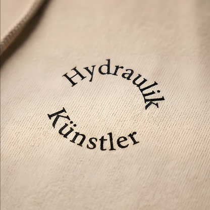 Detailansicht des runden, schwarzen Brust-Aufdrucks Hydraulik Künstler im minimalistischen Bogen-Design auf sandfarbenem Stoff.
