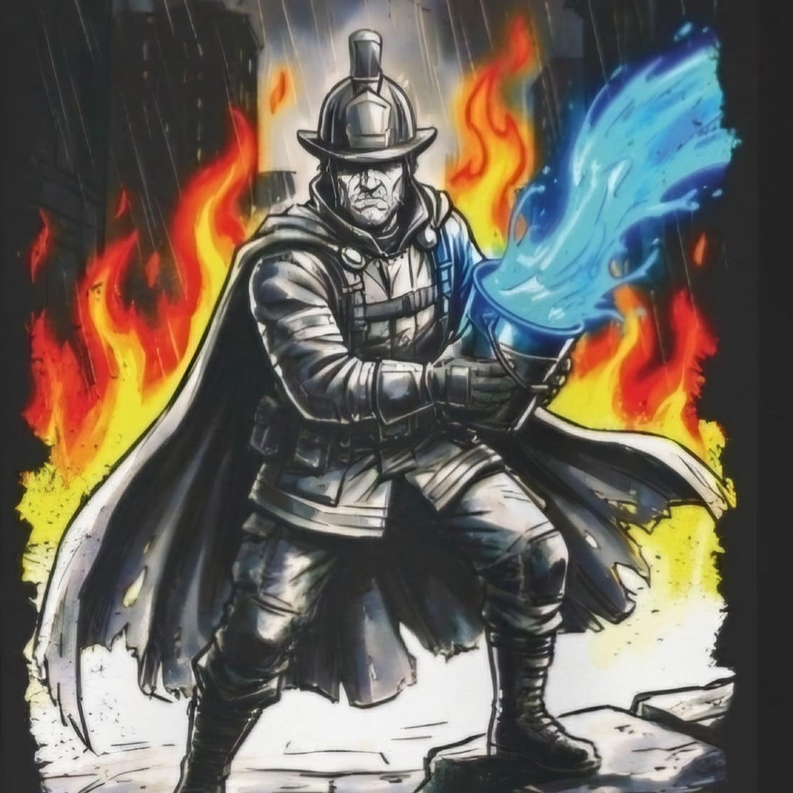 Detailansicht des Comic-Noir-Artworks, das den Schutzpatron Sankt Florian in Rüstung beim Löschen von Feuern zeigt.