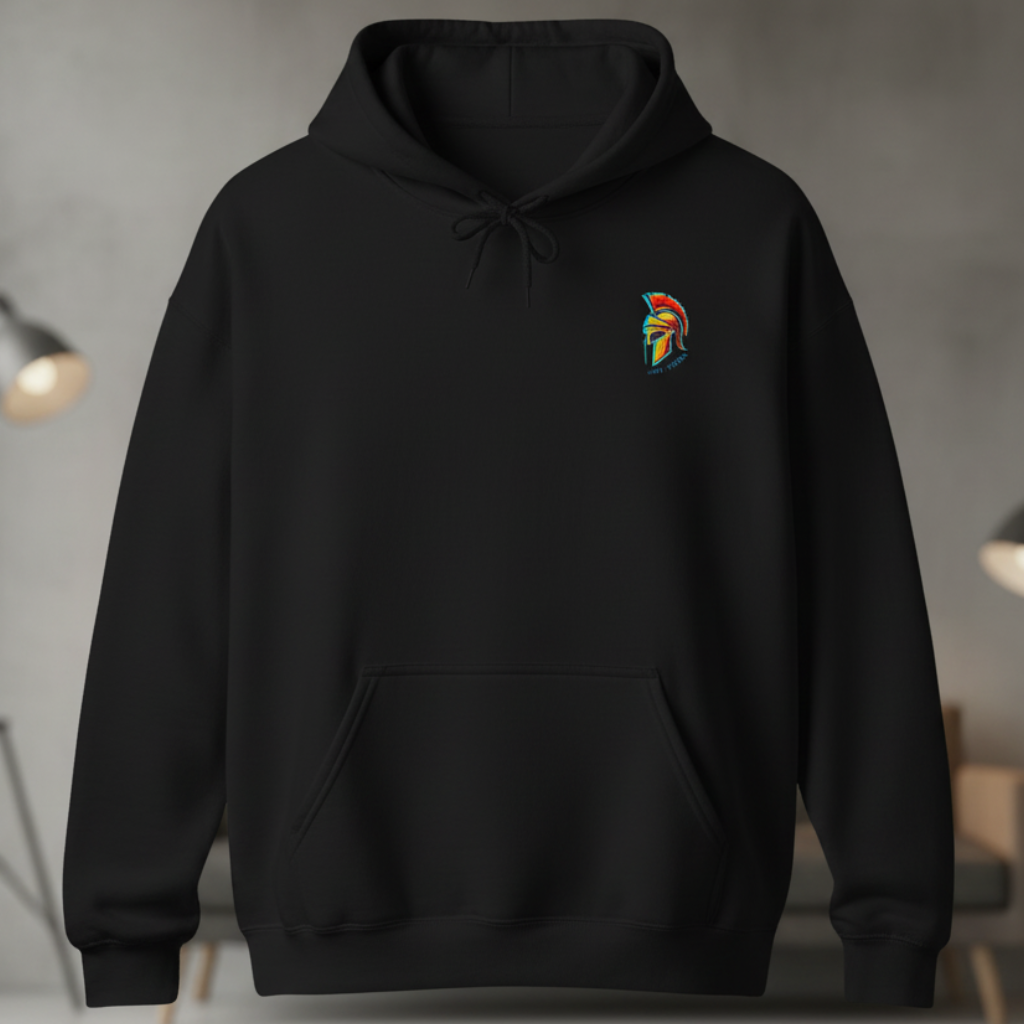Vorderansicht des schwarzen Unisex-Hoodies mit dem kleinen, farbigen St. Florian Helm auf der linken Brust.