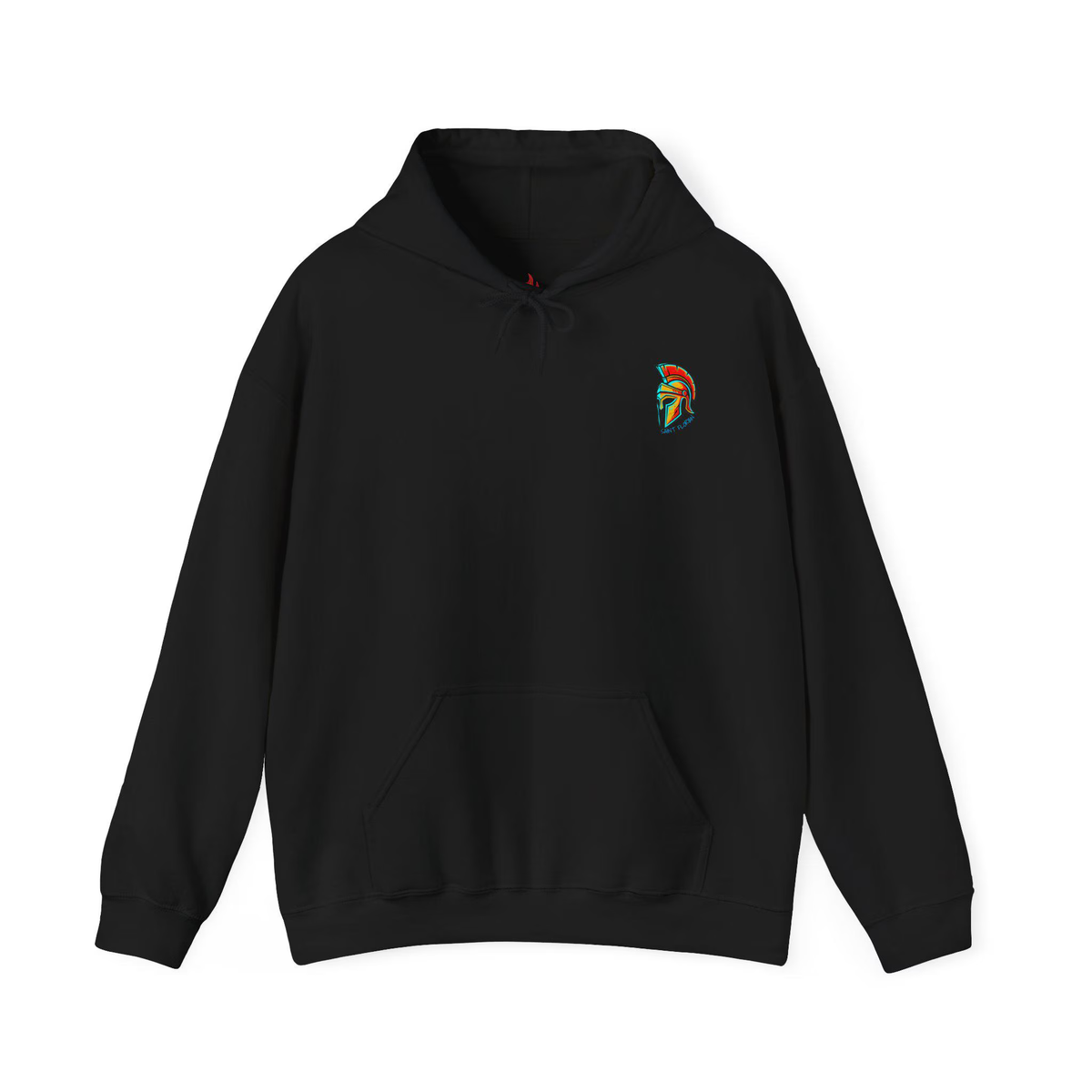 Freigestellte Vorderseite des schwarzen Hoodies mit Kängurutasche und kleinem Helm-Brustprint.