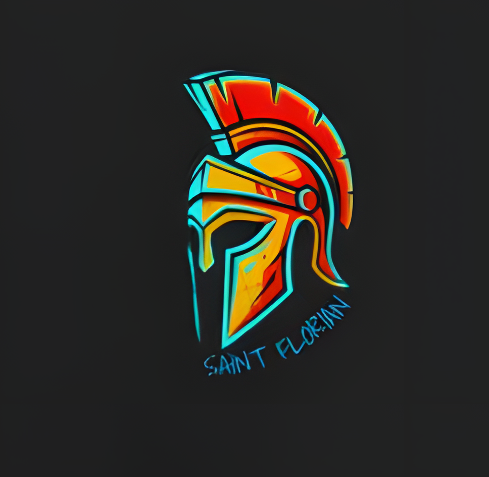 Nahaufnahme des bunten Brust-Aufdrucks mit dem traditionellen Helm des Heiligen Florian und dem Schriftzug SAINT FLORIAN.