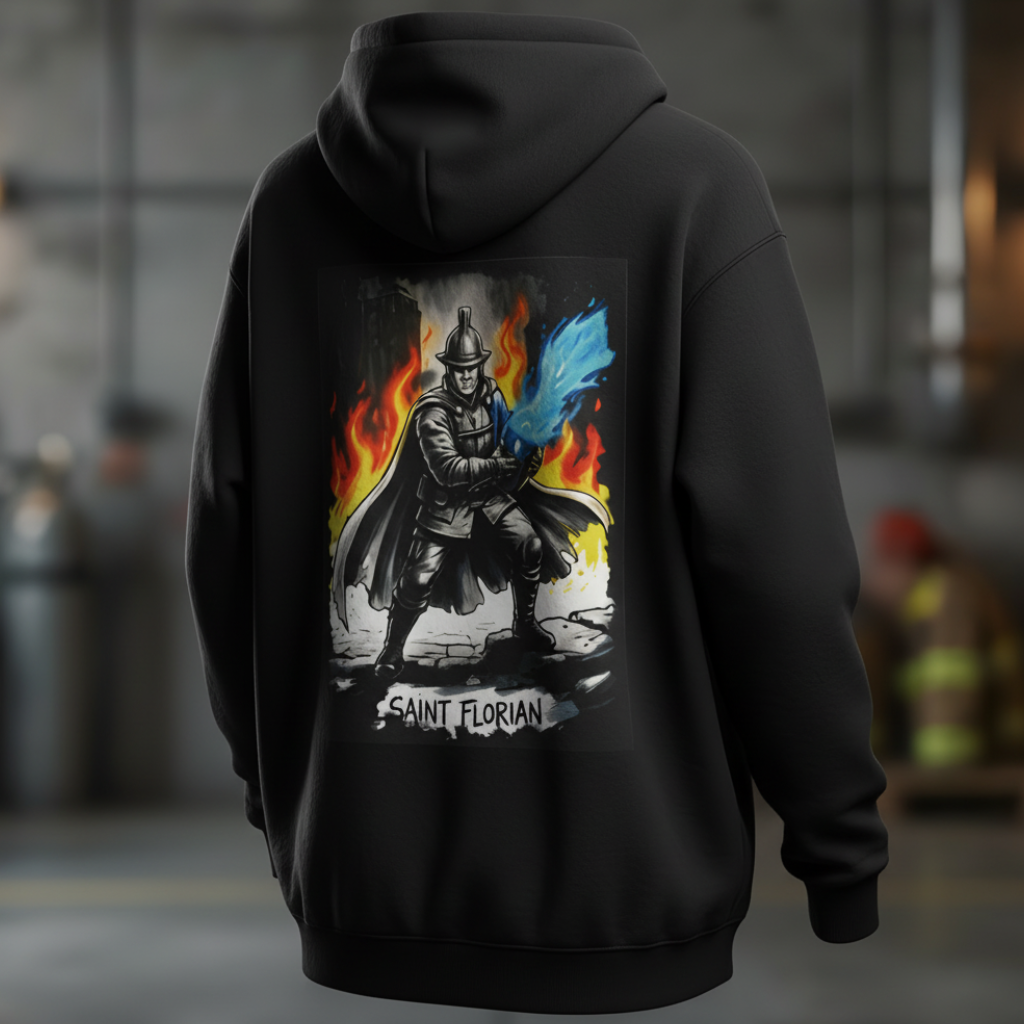 Schwarzer Kapuzenpullover von hinten mit der düsteren Sankt Florian Illustration vor einem dezent beleuchteten Hintergrund.