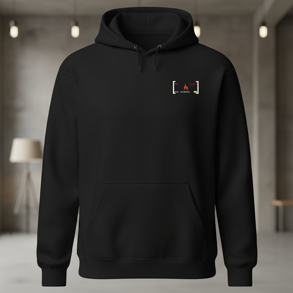 Vorderansicht des schwarzen Unisex-Kapuzenpullovers mit Kängurutasche und einem minimalistischen, weißen HUD-Brustprint.