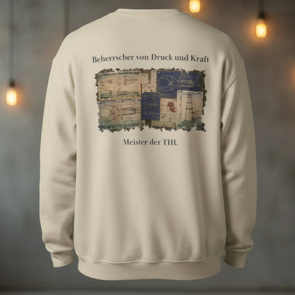 Rückansicht eines sandfarbenen Feuerwehr-Sweatshirts mit technischem Blaupausen-Rückenprint von Rettungsschere und Spreizer sowie dem Schriftzug Meister der THL.