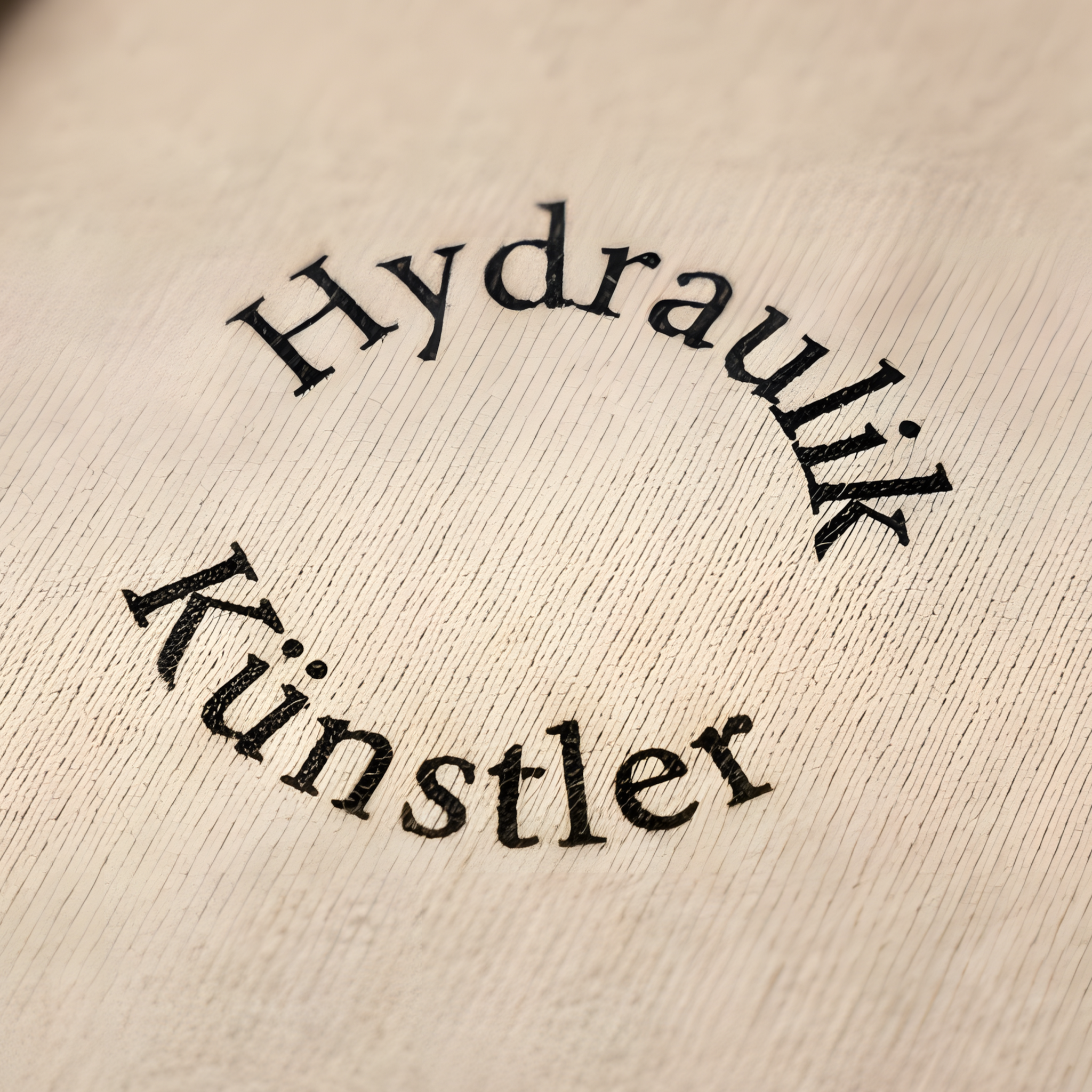 Detailansicht des runden, schwarzen Brust-Aufdrucks Hydraulik Künstler im minimalistischen Bogen-Design auf sandfarbenem Stoff.