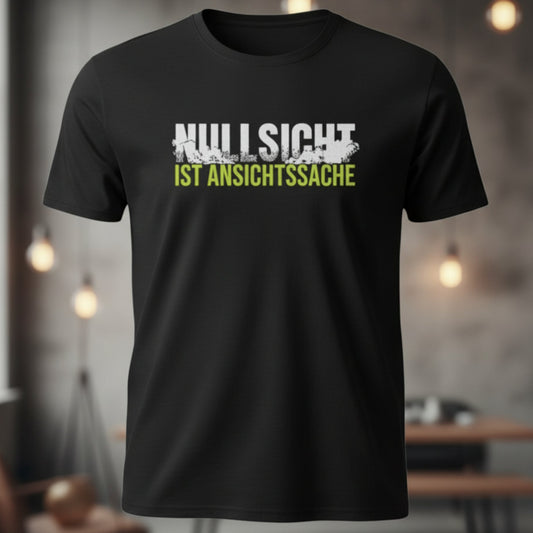 Vorderansicht eines schwarzen Feuerwehr-Shirts im Regular Fit mit dem großen Brust-Aufdruck Nullsicht Ist Ansichtssache in Weiß und Neongelb.