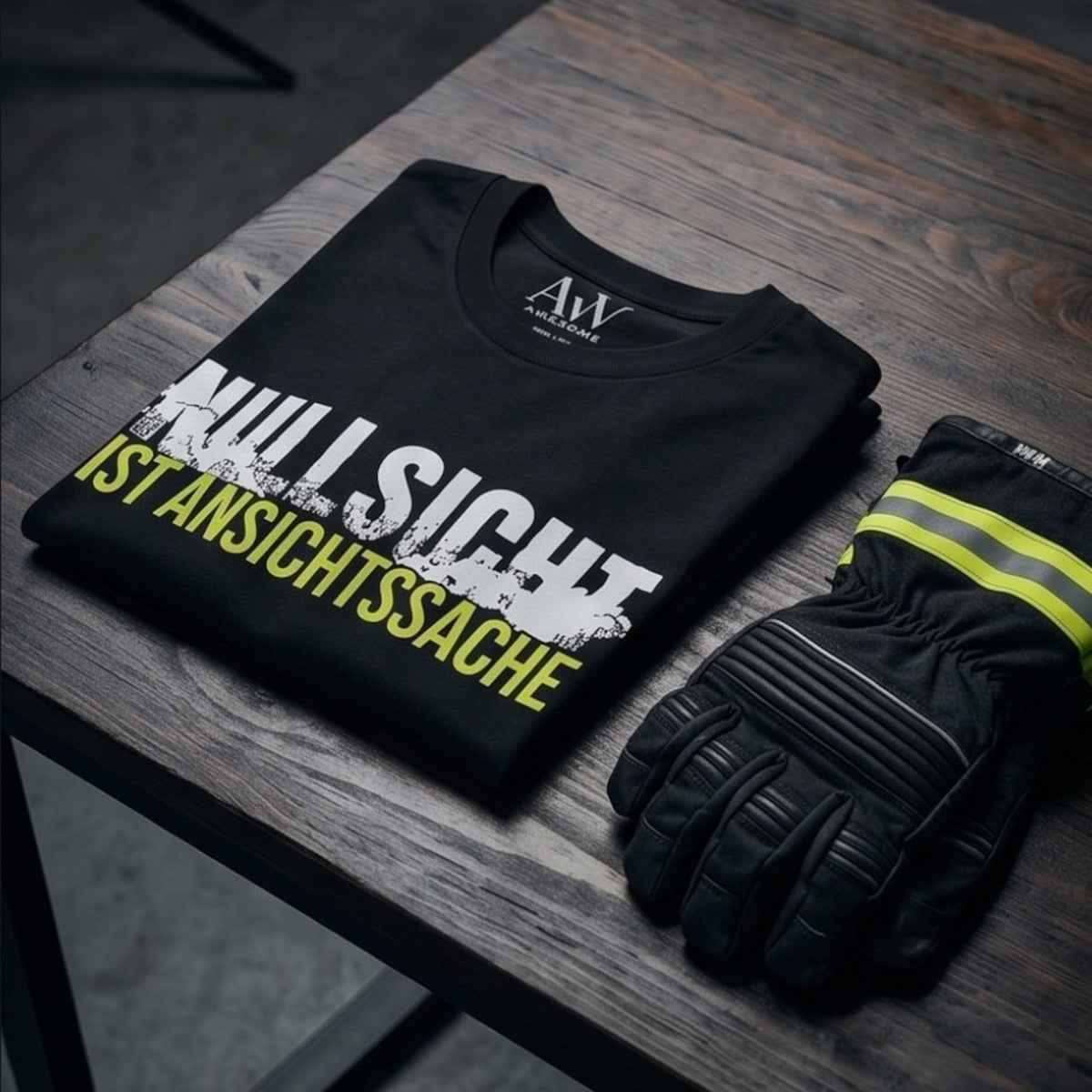 Zusammengelegtes schwarzes Feuerwehr-Insider-T-Shirt auf einem rustikalen Holztisch neben schweren Feuerwehr-Einsatzhandschuhen.