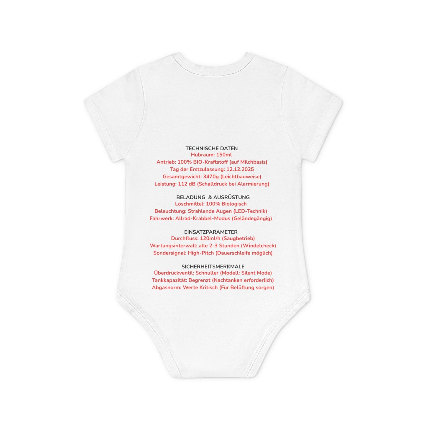 Produktgrafik der Rückseite des zweiseitig bedruckten Bodys mit humorvollen technischen Daten und Einsatzparametern des Babys.