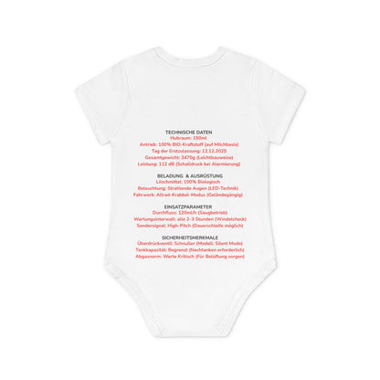 Produktgrafik der Rückseite des zweiseitig bedruckten Bodys mit humorvollen technischen Daten und Einsatzparametern des Babys.