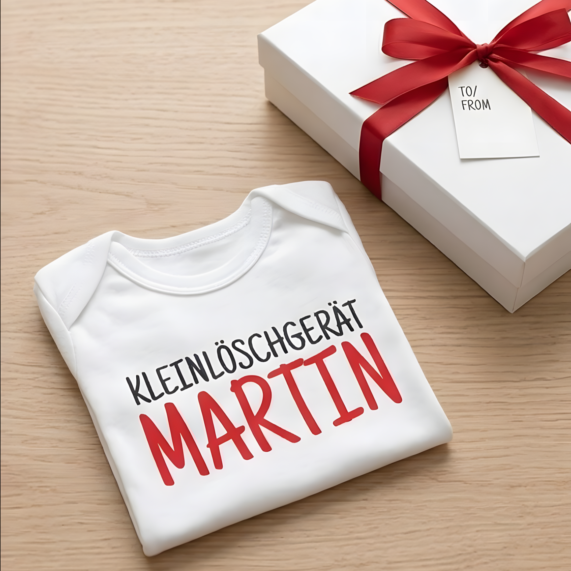 Ordentlich gefalteter Feuerwehr-Babybody mit Namensdruck neben einer weißen Geschenkbox mit roter Schleife.