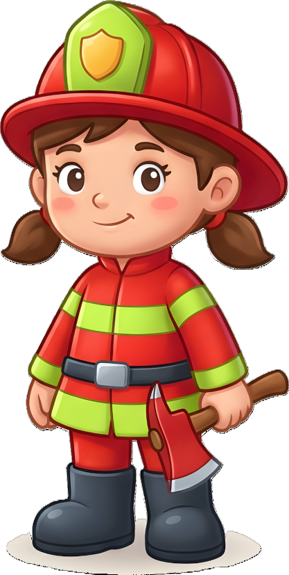 Detail des Aufdrucks mit einer süßen Comic-Feuerwehrfrau Mädchen in Brandschutzkleidung mit einer Rettungsaxt.
