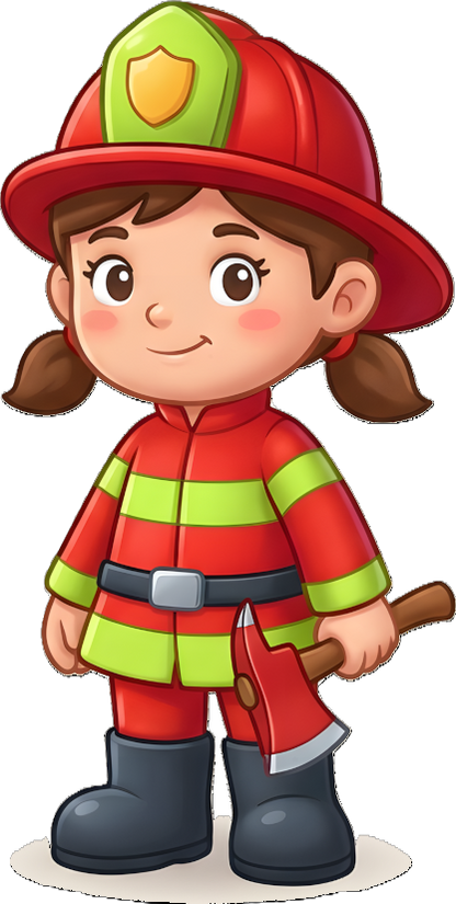 Detail des Aufdrucks mit einer süßen Comic-Feuerwehrfrau Mädchen in Brandschutzkleidung mit einer Rettungsaxt.