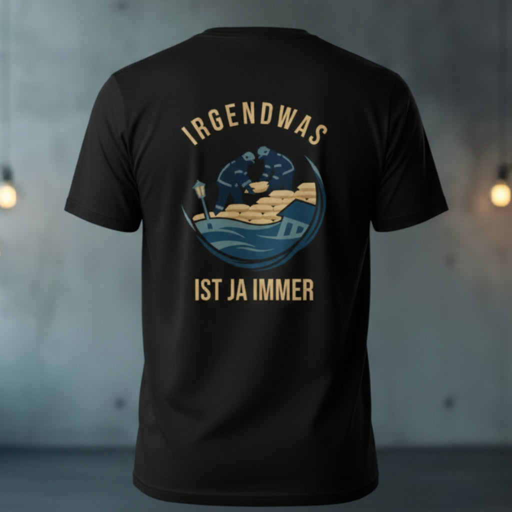 Rückansicht eines schwarzen Feuerwehr-Shirts mit großflächigem Hochwasser-Rückenprint im Retro-Patch-Look und dem Slogan Irgendwas ist ja immer.