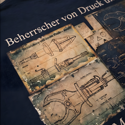 Detail des DTF-Rückenprints mit einer technischen Zeichnung im Vintage-Stil und der Aufschrift Beherrscher von Druck und Kraft.