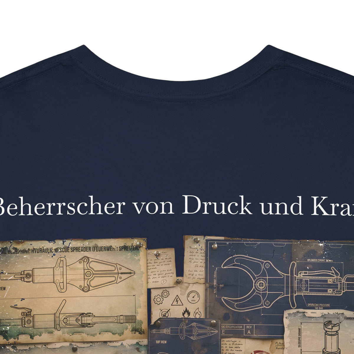 Horizontaler Bildausschnitt der detaillierten Skizzen von hydraulischen Rettungszylindern auf dem dunkelblauen Stoff.
