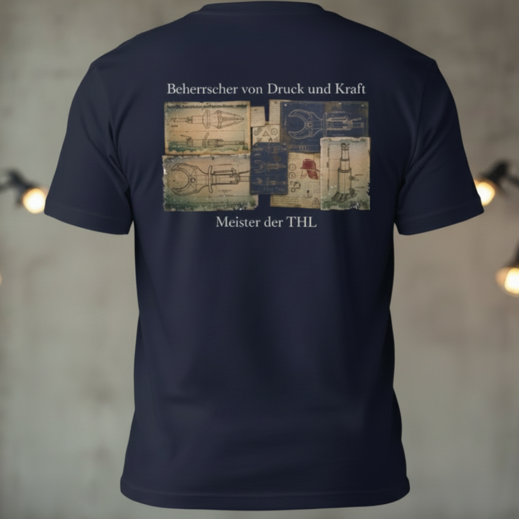 Rückansicht eines navy-blauen Feuerwehr-Shirts mit technischem Blaupausen-Rückenprint von Rettungsschere und Spreizer sowie dem Schriftzug Meister der THL.