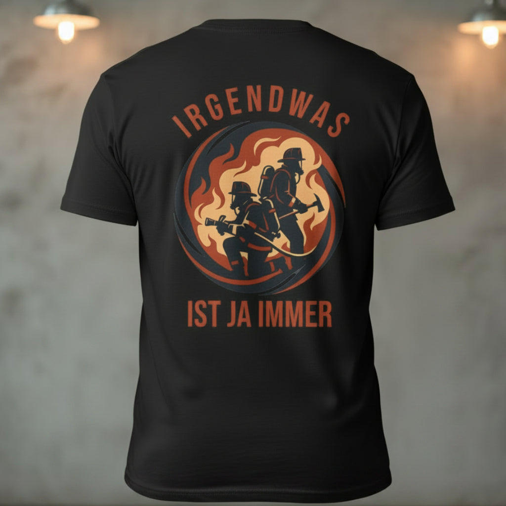 Rückansicht eines schwarzen Feuerwehr-Shirts mit großflächigem Innenangriff-Rückenprint im Retro-Patch-Look und dem Slogan Irgendwas ist ja immer.
