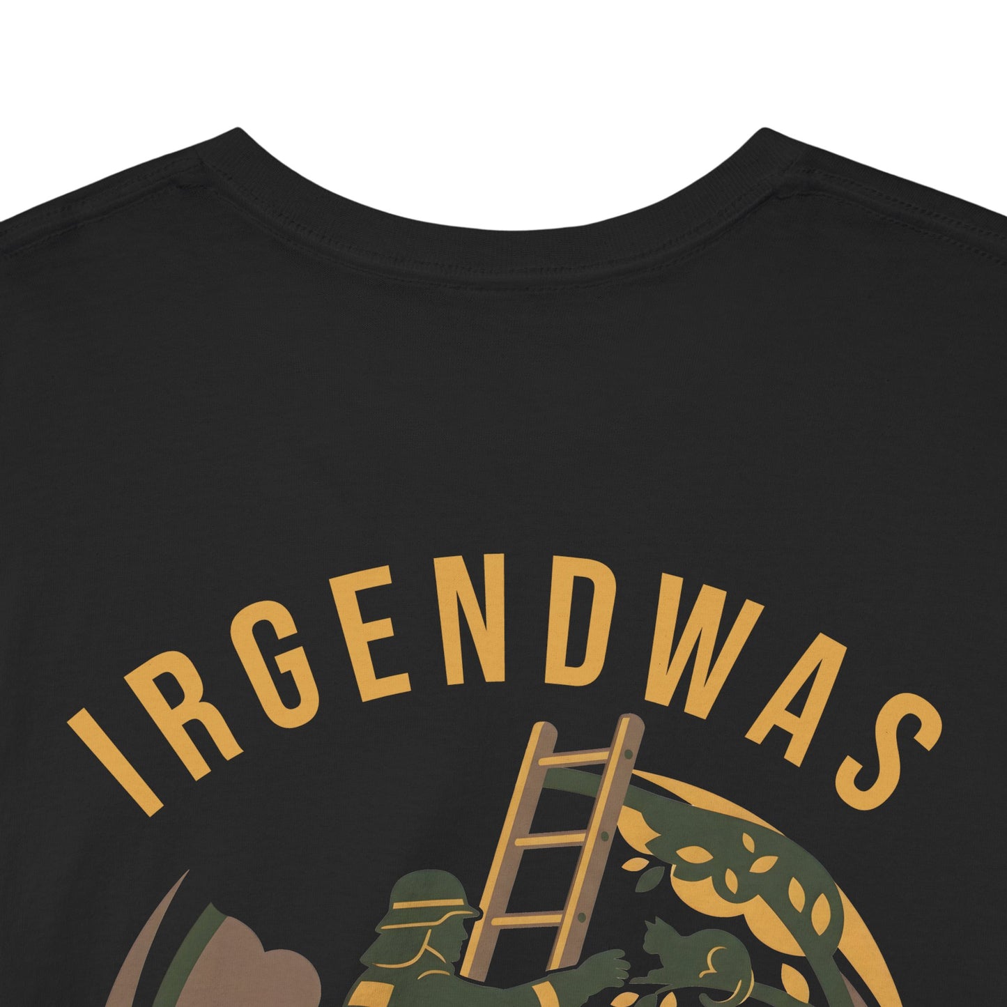 Digitaler Design-Ausschnitt des runden Tierrettungs-Motivs mit dem bogenförmigen orangefarbenen Schriftzug IRGENDWAS.
