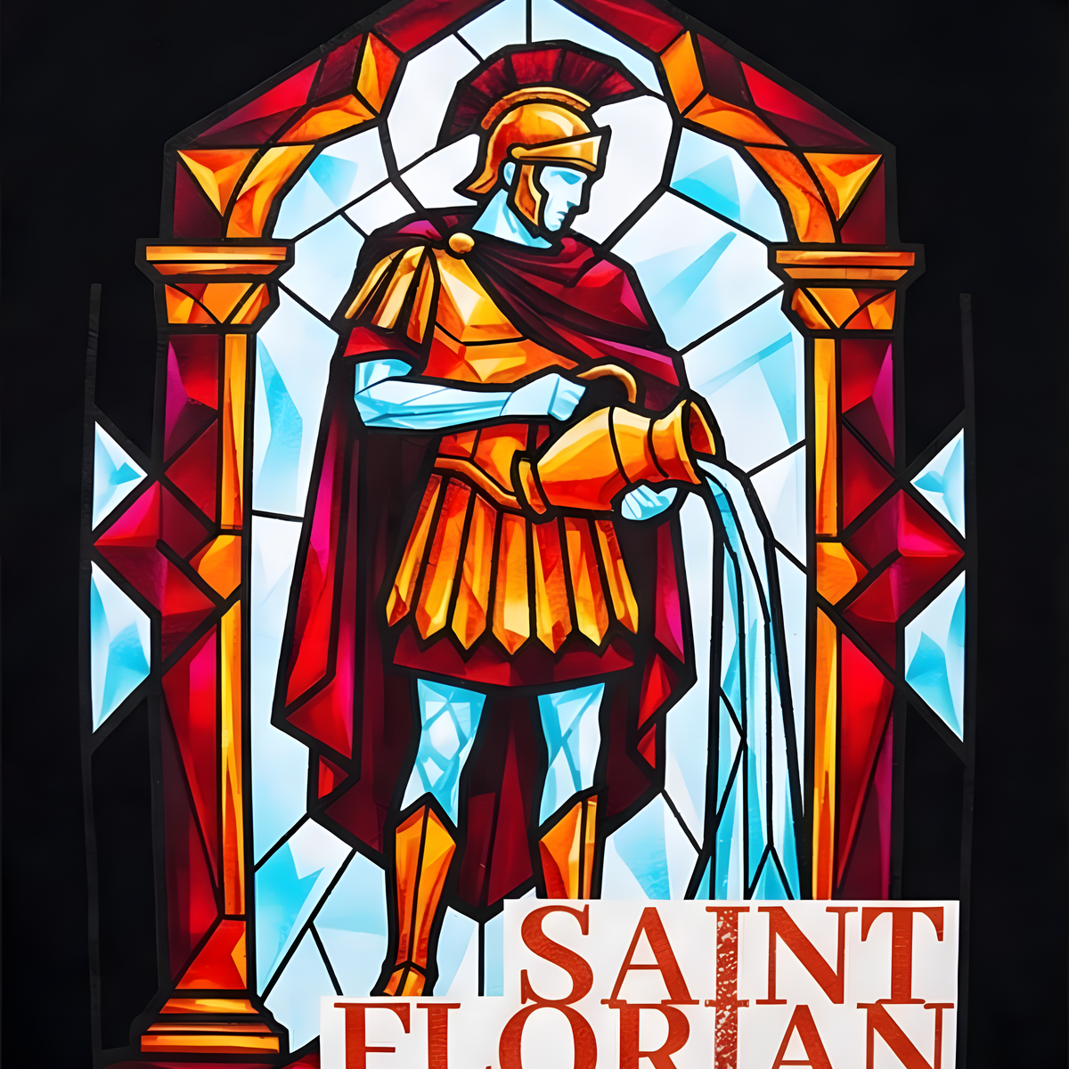 Grafik-Design des Buntglas-Mosaiks vom Schutzpatron Sankt Florian mit dem Schriftzug SAINT FLORIAN am unteren Rand.
