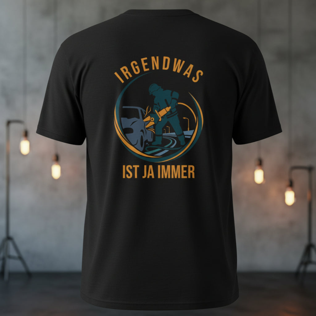 Rückansicht eines schwarzen Feuerwehr-Shirts mit großflächigem THL-Rückenprint im Retro-Patch-Look und dem Slogan Irgendwas ist ja immer.