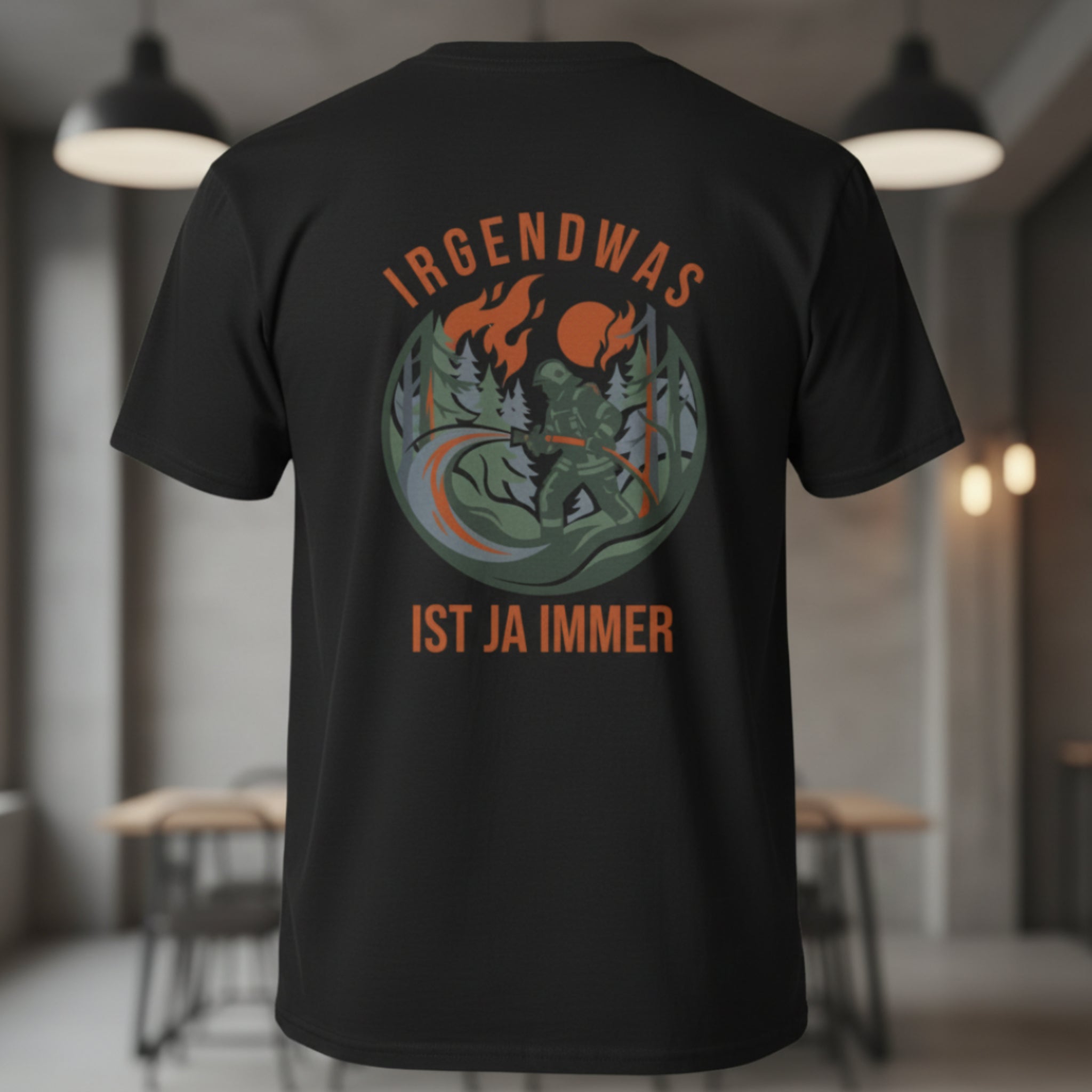 Rückansicht eines schwarzen Feuerwehr-Shirts mit großflächigem Waldbrand-Rückenprint im Retro-Patch-Look und dem Slogan Irgendwas ist ja immer.