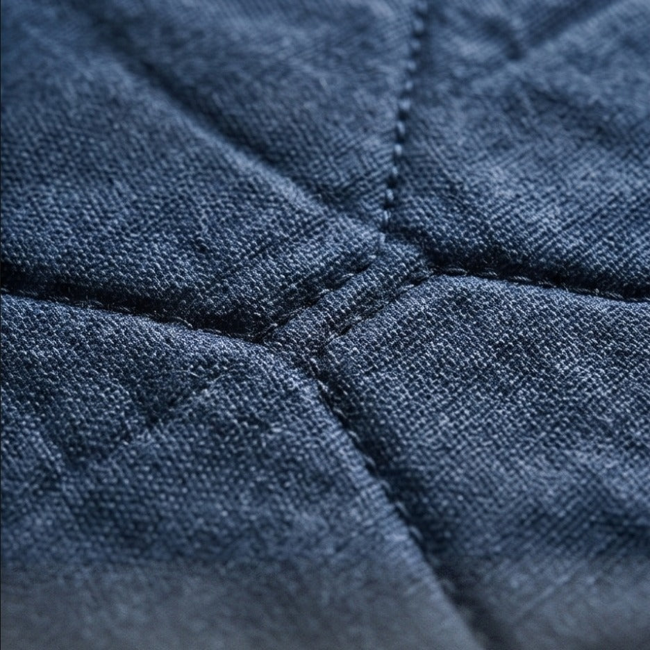 Makroaufnahme der Rückseite des Topflappens mit der hochwertig wattierten, blauen Waben-Steppung für optimalen Hitzeschutz.