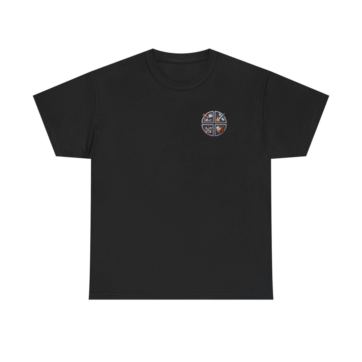 Freigestelltes schwarzes Baumwoll-T-Shirt mit buntem Halloween-Feuerwehr-Logo auf weißem Hintergrund.