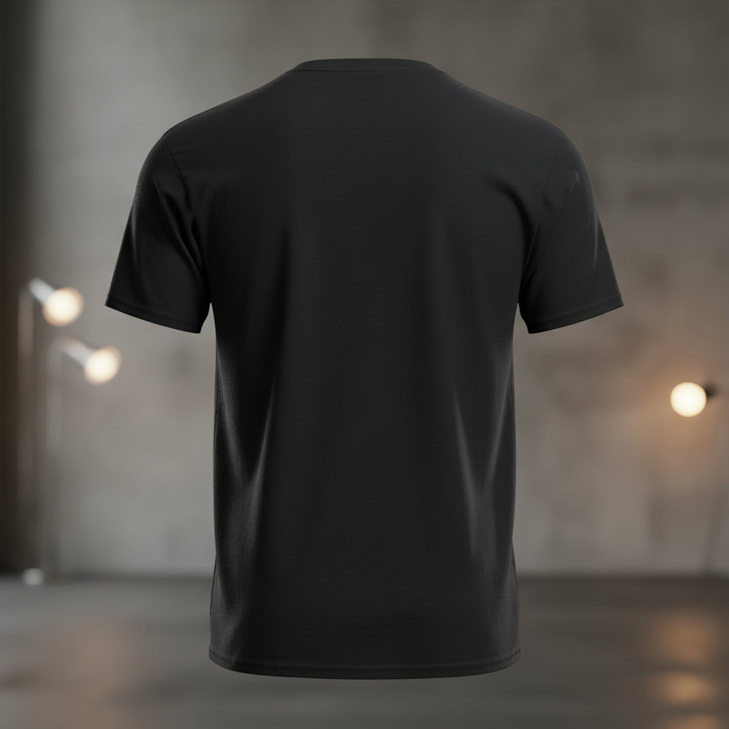 Rückansicht des schlichten schwarzen T-Shirts im klassischen Regular Fit vor einem stimmungsvoll beleuchteten Hintergrund.