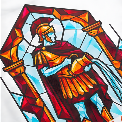 Detailansicht des detailreichen DTF-Rückenprints im Mosaik-Stil, der den Heiligen Florian beim Löschen eines Hauses zeigt.