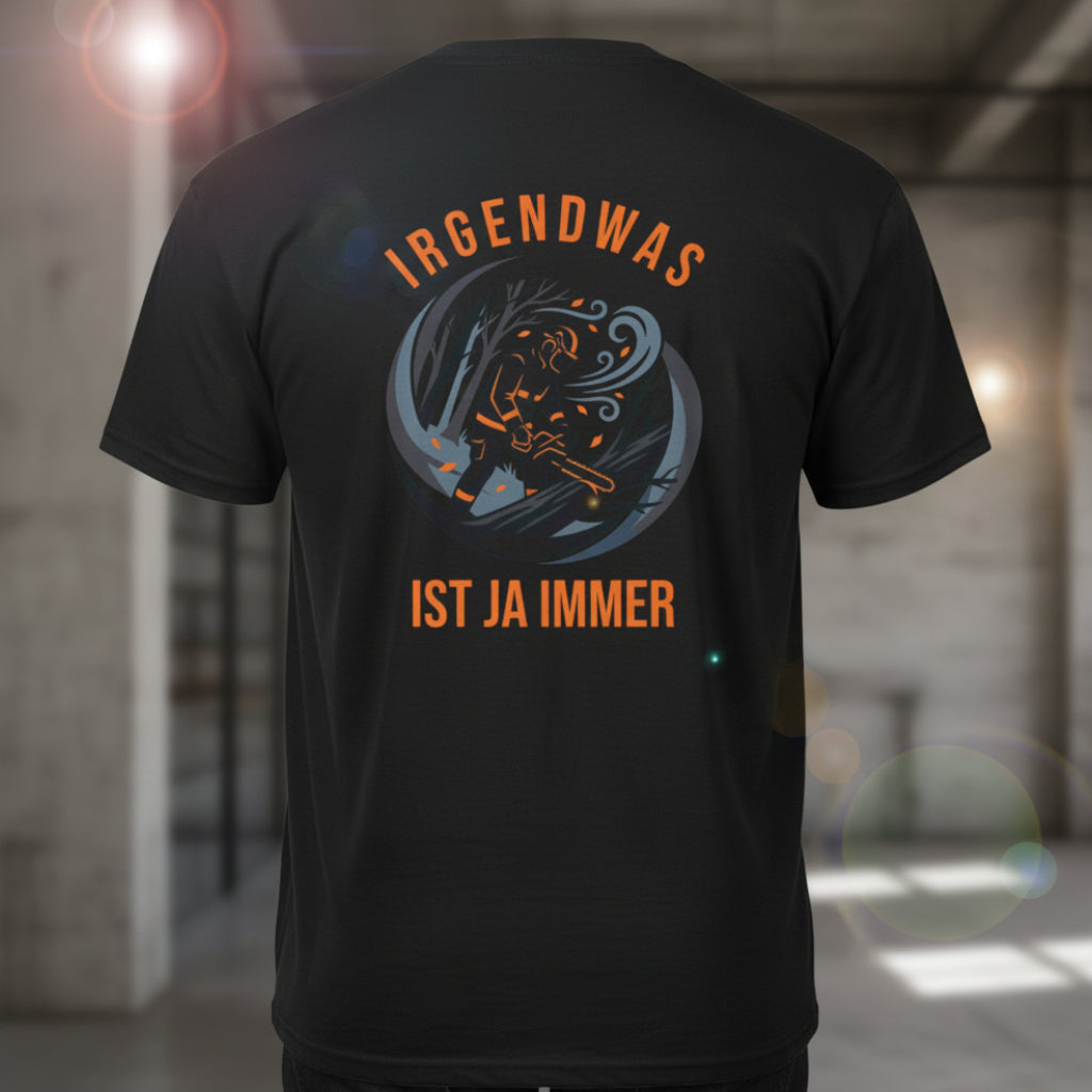 Rückansicht eines schwarzen Feuerwehr-Shirts mit großflächigem Unwetter-Rückenprint im Retro-Patch-Look und dem Slogan Irgendwas ist ja immer.