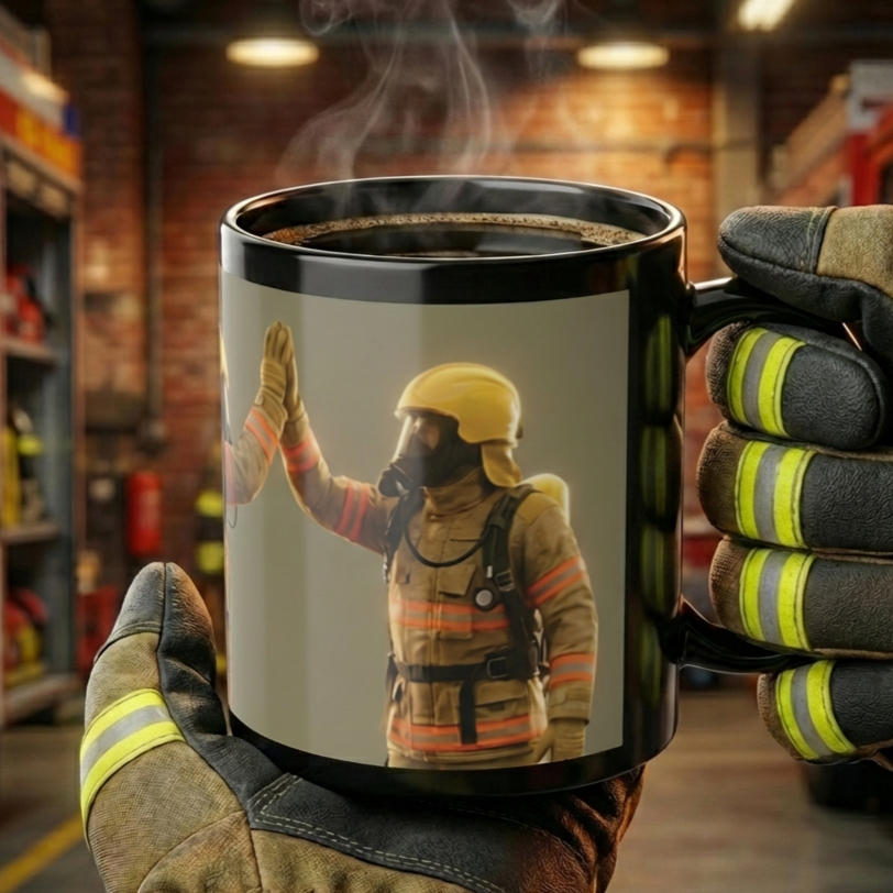 Feuerwehr Kaffeebecher Highfive-Motiv – Trupppartner in sandfarbener Einsatzbekleidung mit orangenen Reflexstreifen
