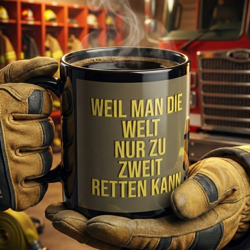 Feuerwehr Tasse Seitenansicht – Spruch Weil man die Welt nur zu zweit retten kann
