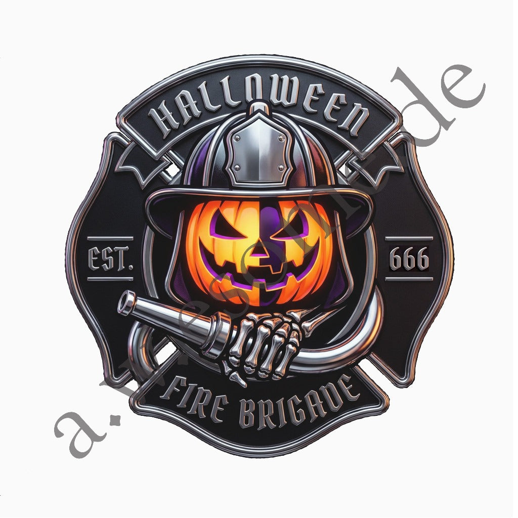Detailansicht des bunten Halloween Fire Brigade DTF-Drucks mit Kürbis im Feuerwehrhelm und Strahlrohr.
