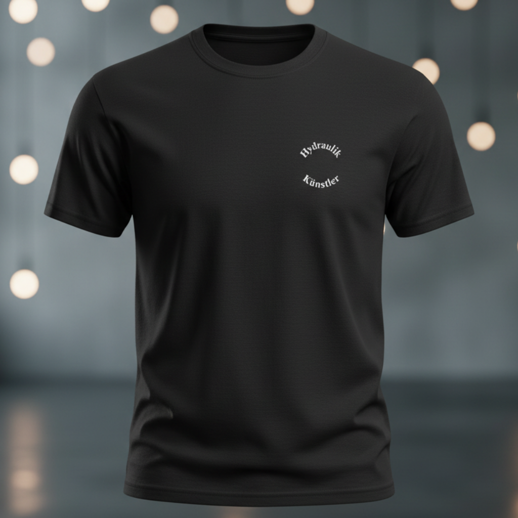 Vorderansicht eines schwarzen T-Shirts im Regular Fit mit dem weißen Brustlogo Hydraulik Künstler auf der linken Seite.