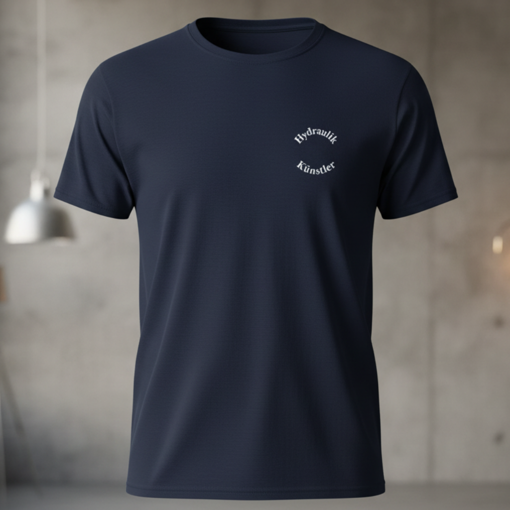 Vorderansicht eines dunkelblauen Unisex-Feuerwehr-Shirts mit dem dezenten, runden Brust-Aufdruck Hydraulik Künstler.