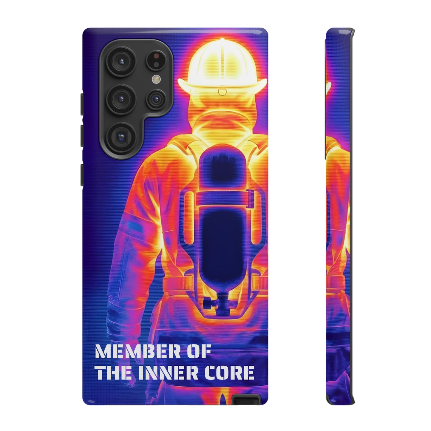 Schutzhülle für Samsung Handys mit dem Motiv eines Feuerwehrmanns unter Atemschutz in Wärmebild-Optik.