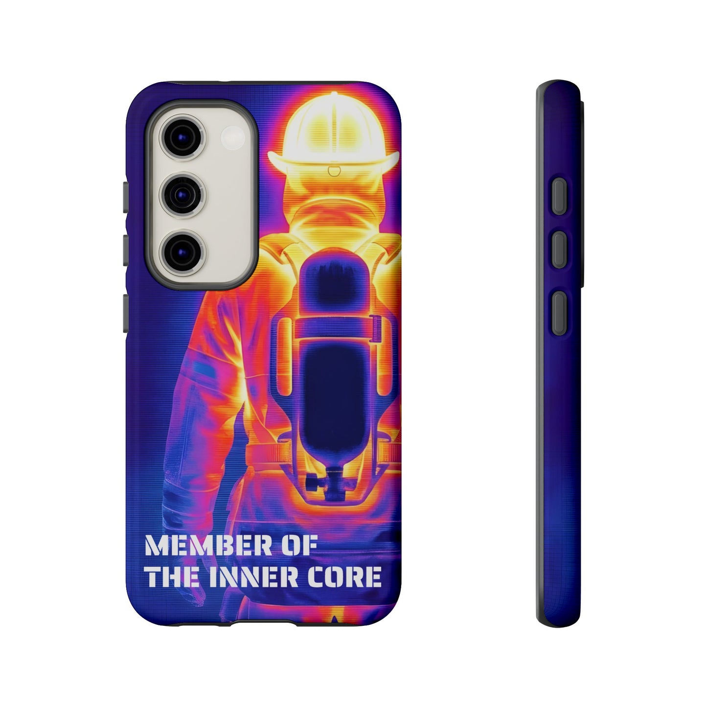 Rückseite und dünne Seitenansicht der blauen Atemschutz-Handyhülle für Samsung Galaxy Smartphones.