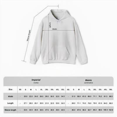 Übersichtliche Größentabelle für den Unisex THL Profi Kapuzenpullover mit exakten Zentimeterangaben für Brustbreite und Gesamtlänge.